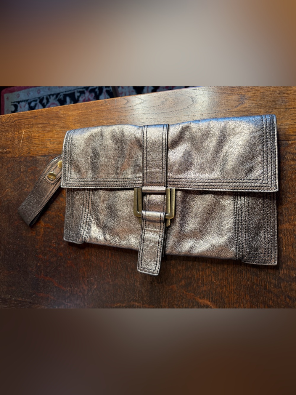 Metallic Gray Leather Clutch with Buckle Strap